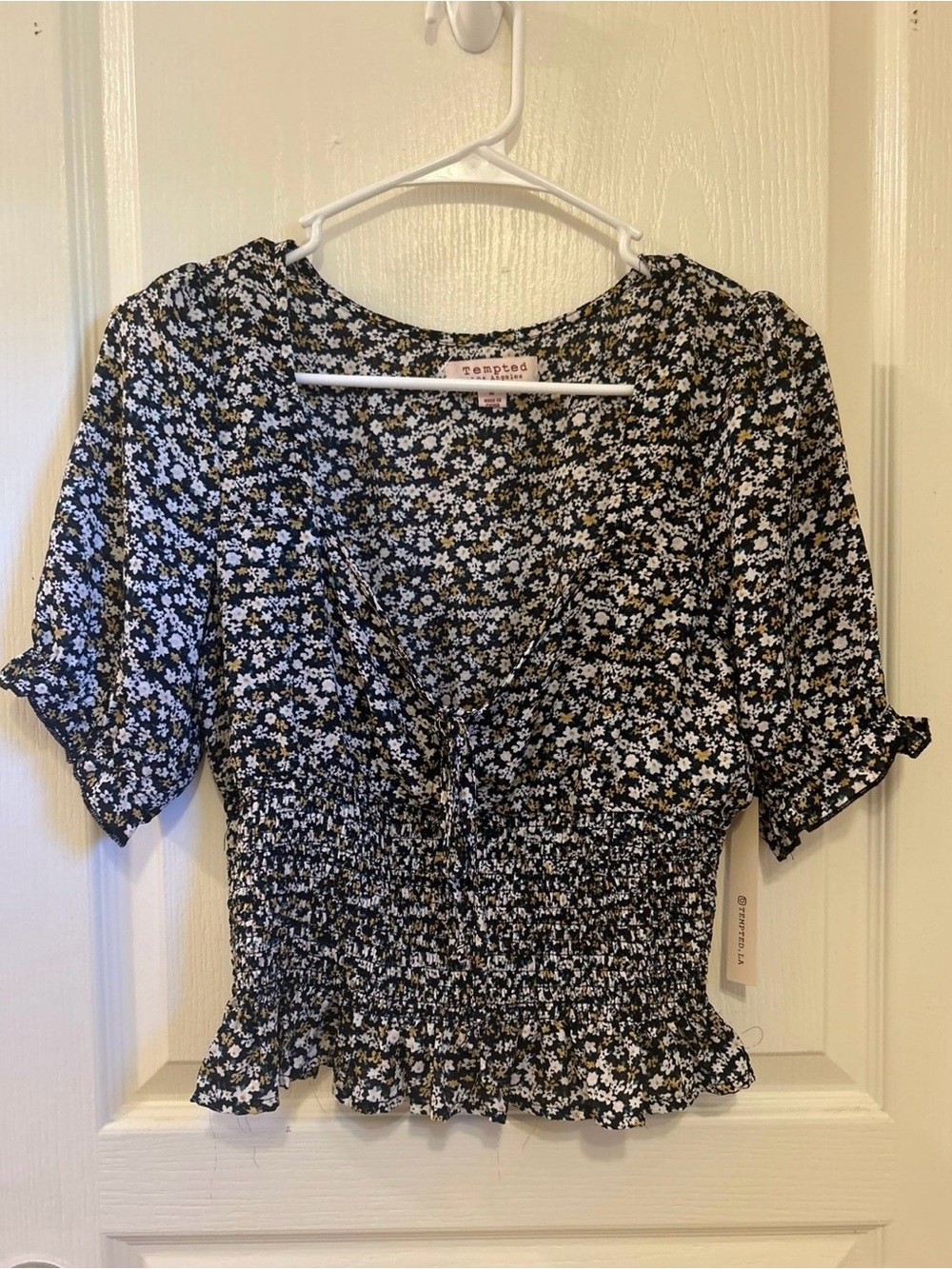 Tempted Los Angeles Black Floral Smocked V-Neck Blouse